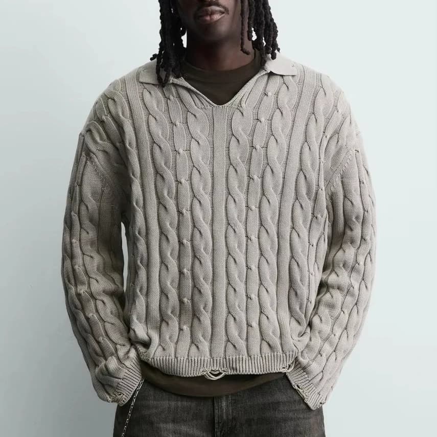Men's Oversized Chunky Cable Knit V Neck Sweater