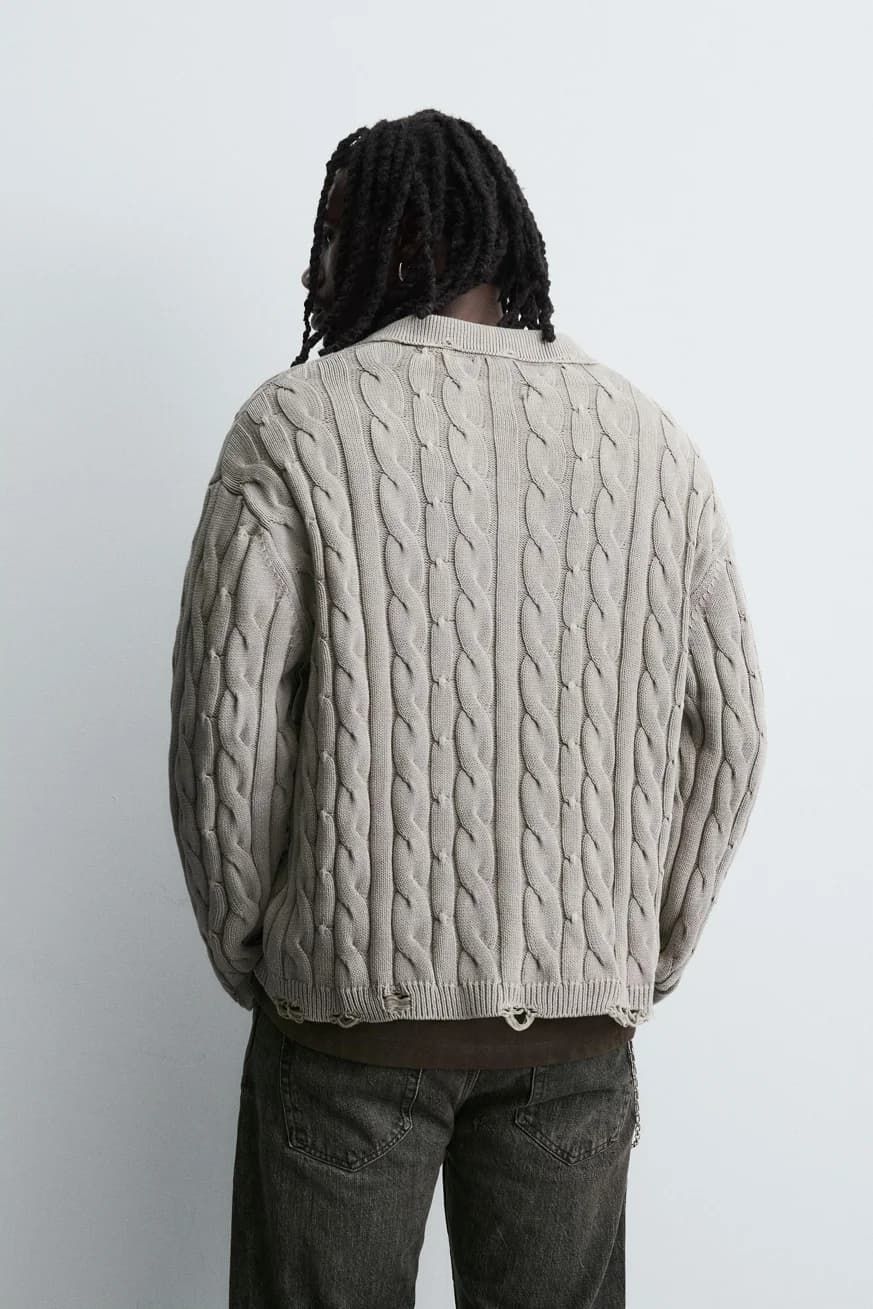 Men's Oversized Chunky Cable Knit V Neck Sweater — view 2