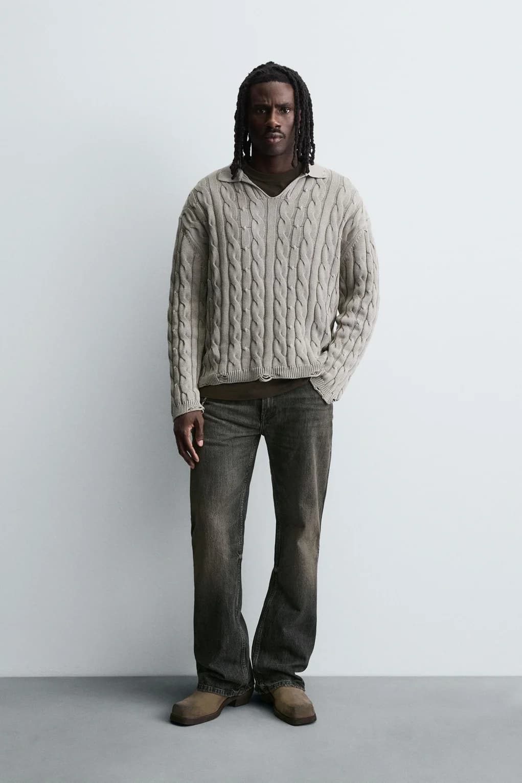Men's Oversized Chunky Cable Knit V Neck Sweater — view 3