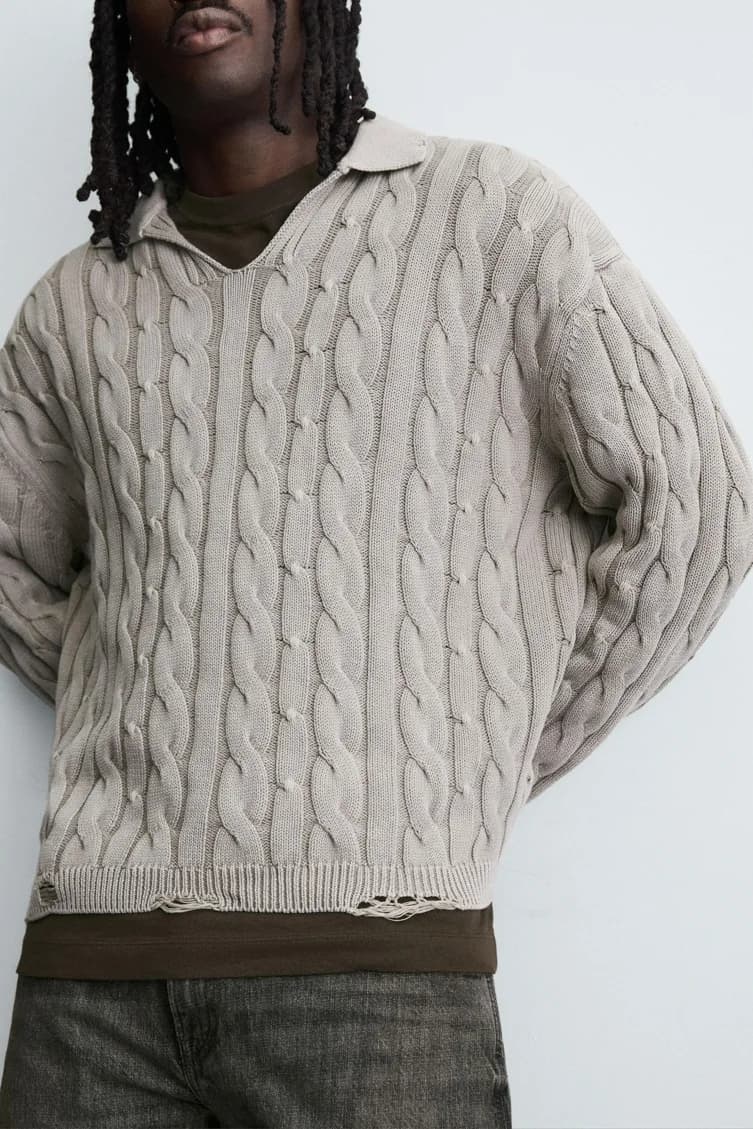 Men's Oversized Chunky Cable Knit V Neck Sweater — view 4