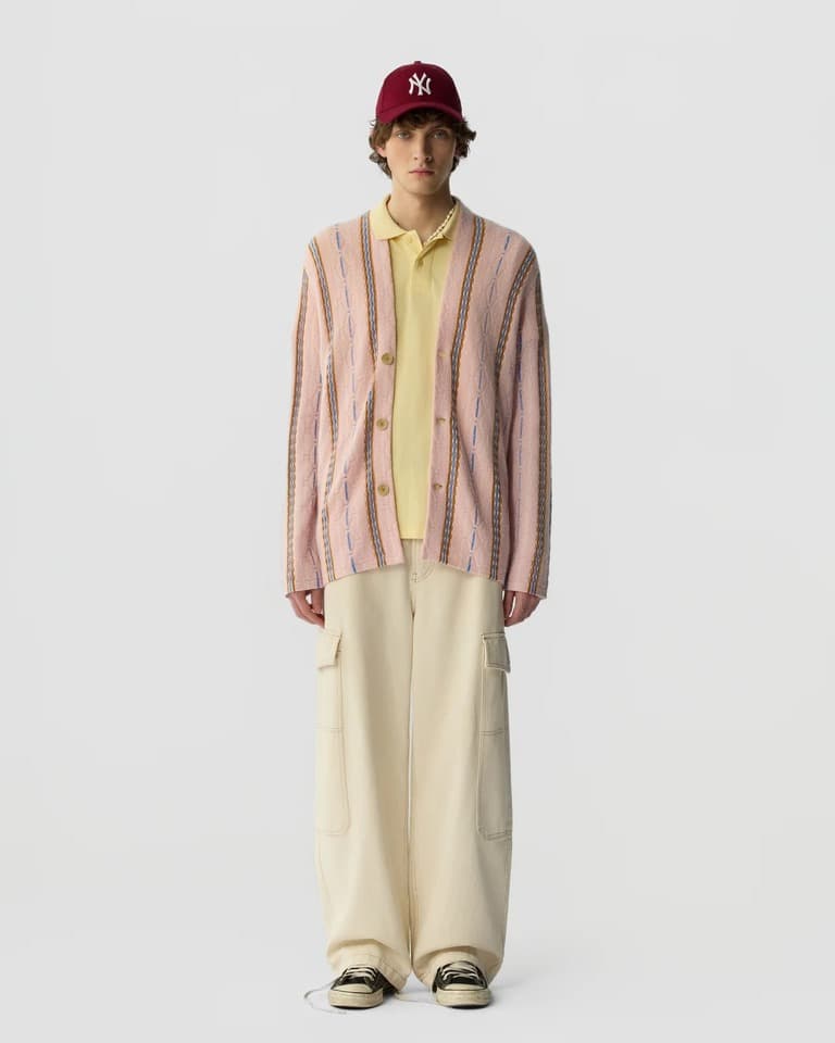 Men's Pink Pinstripe V Neck Knit Cardigan - view 2