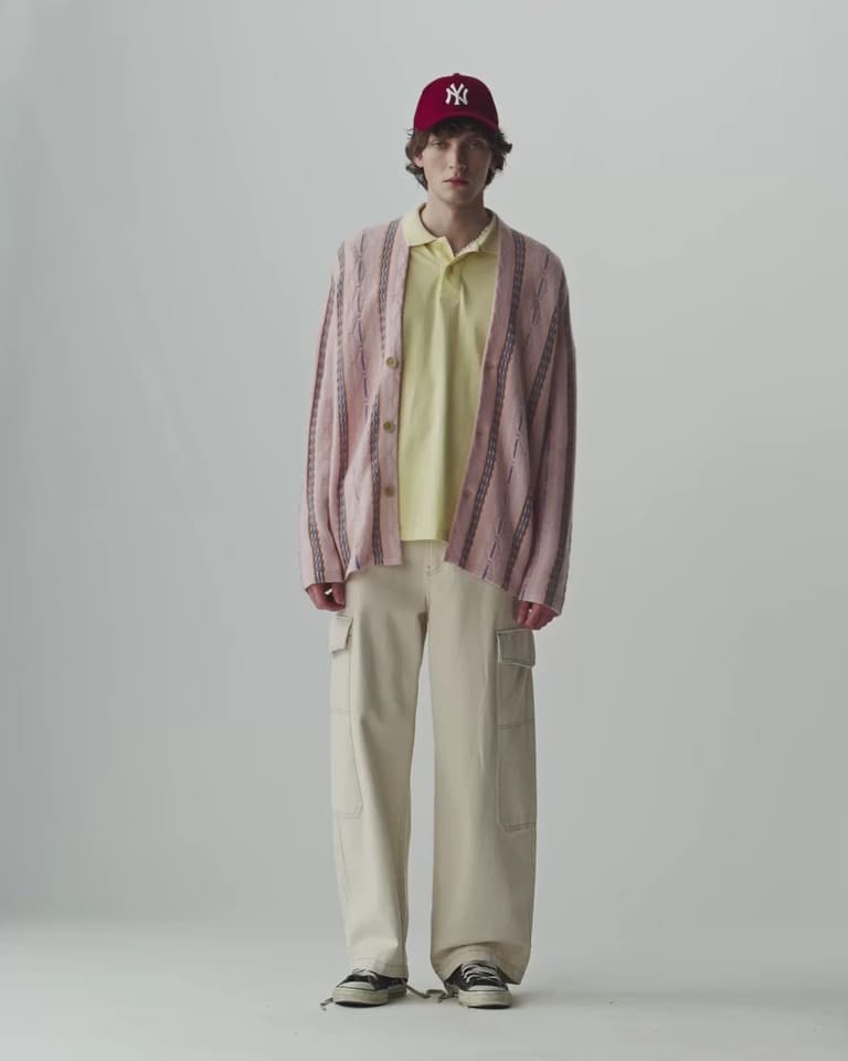 Men's Pink Pinstripe V Neck Knit Cardigan - view 3