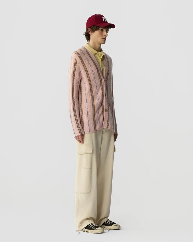 Men's Pink Pinstripe V Neck Knit Cardigan - view 4