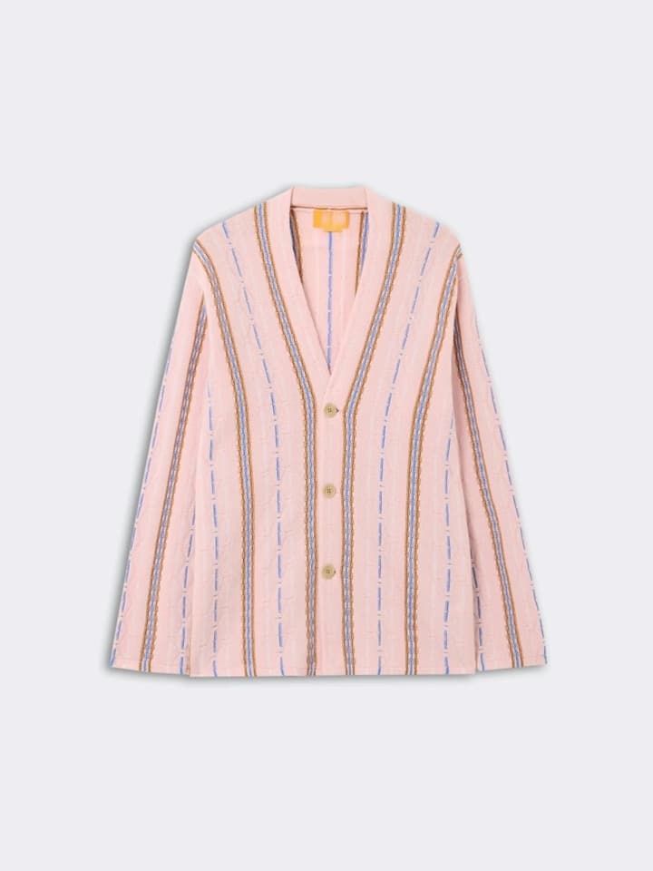 Men's Pink Pinstripe V Neck Knit Cardigan - view 6