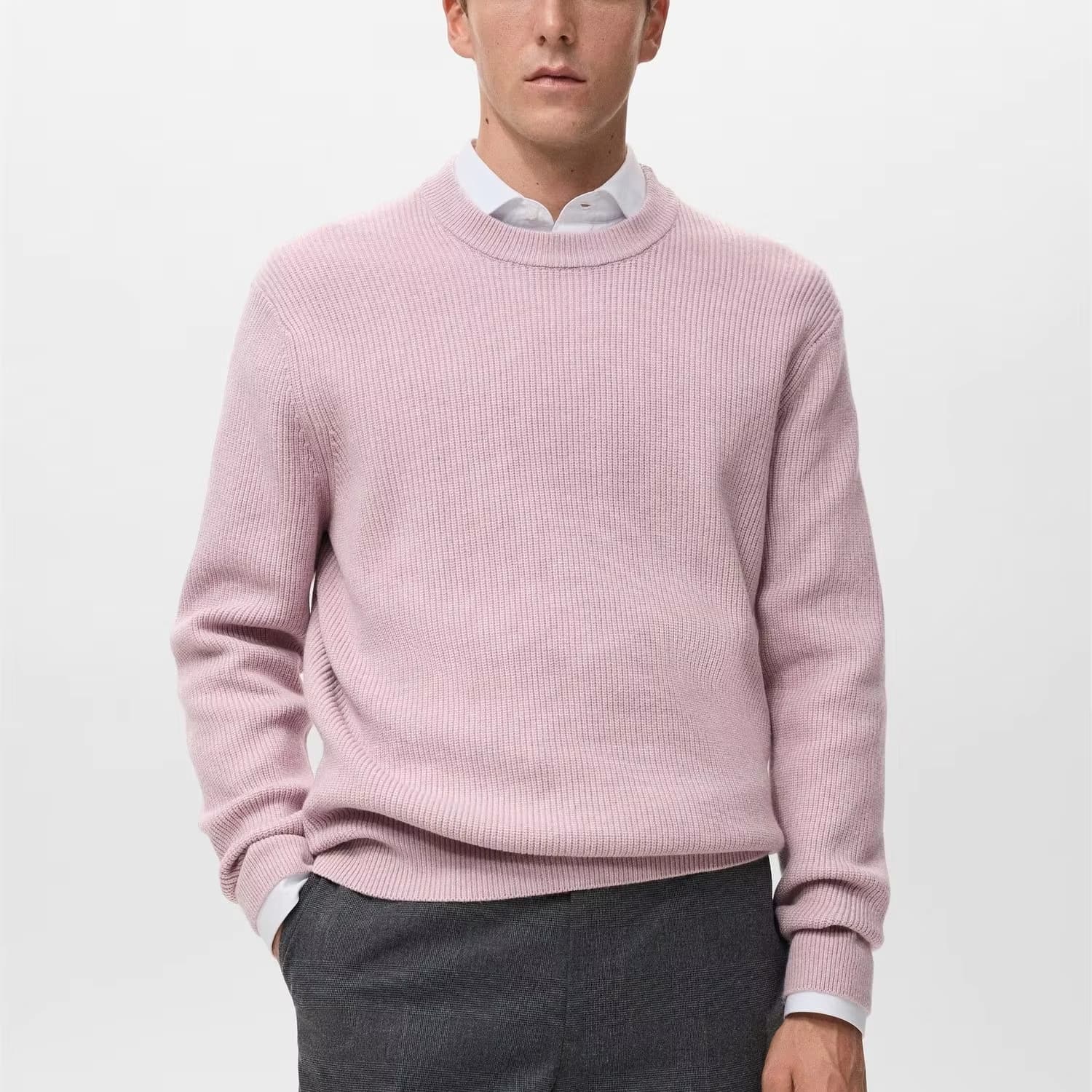 Men's Pink Waffle Knit Crew Neck Sweater Textured Cotton