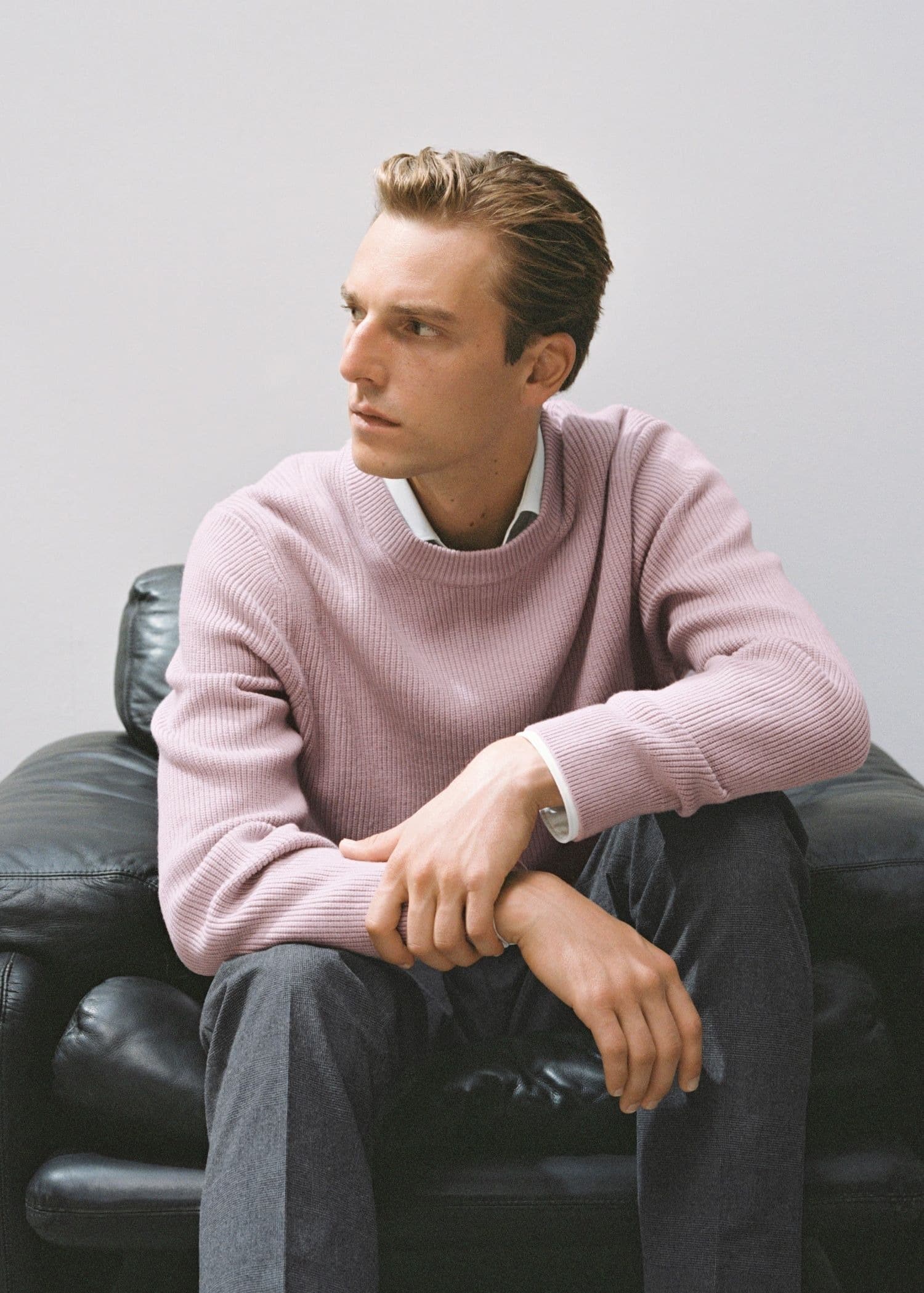 Men's Pink Waffle Knit Crew Neck Sweater Textured Cotton — view 2