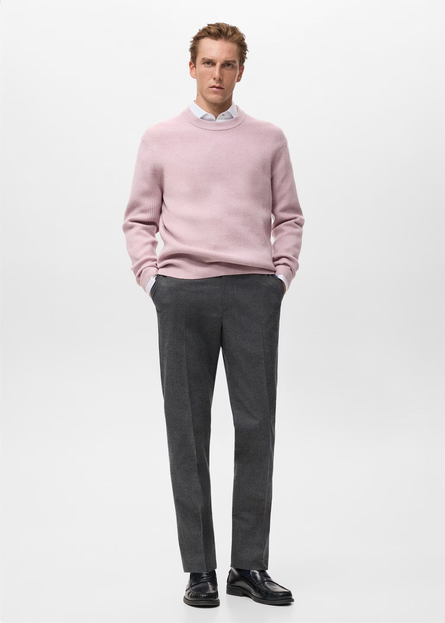 Men's Pink Waffle Knit Crew Neck Sweater Textured Cotton — view 3