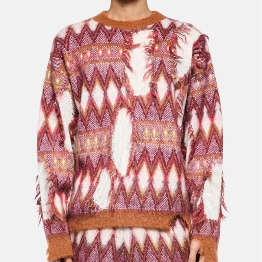 Men's Punk Red Argyle Sweater Destroyed Knit Crew Neck Mohair