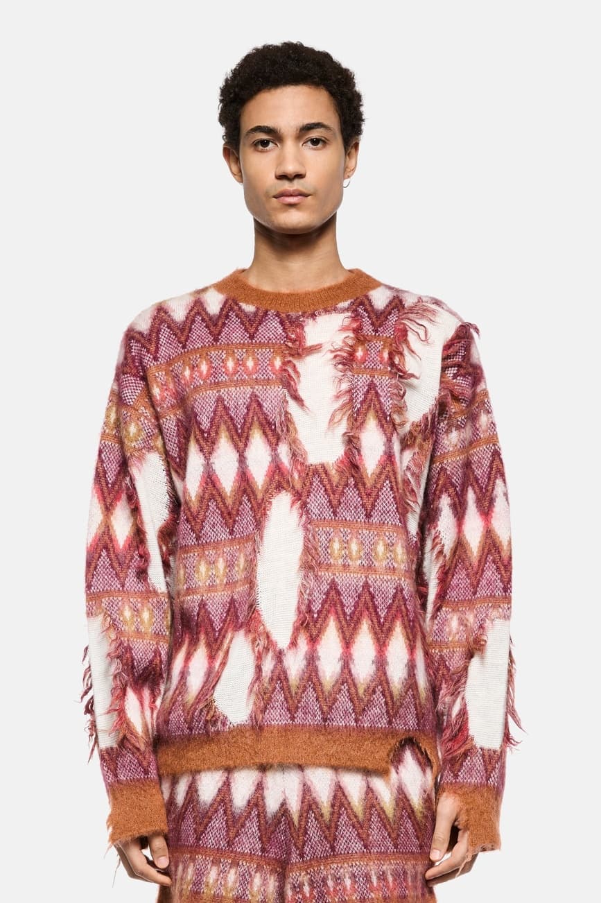 Men's Punk Red Argyle Sweater Destroyed Knit Crew Neck Mohair — view 2