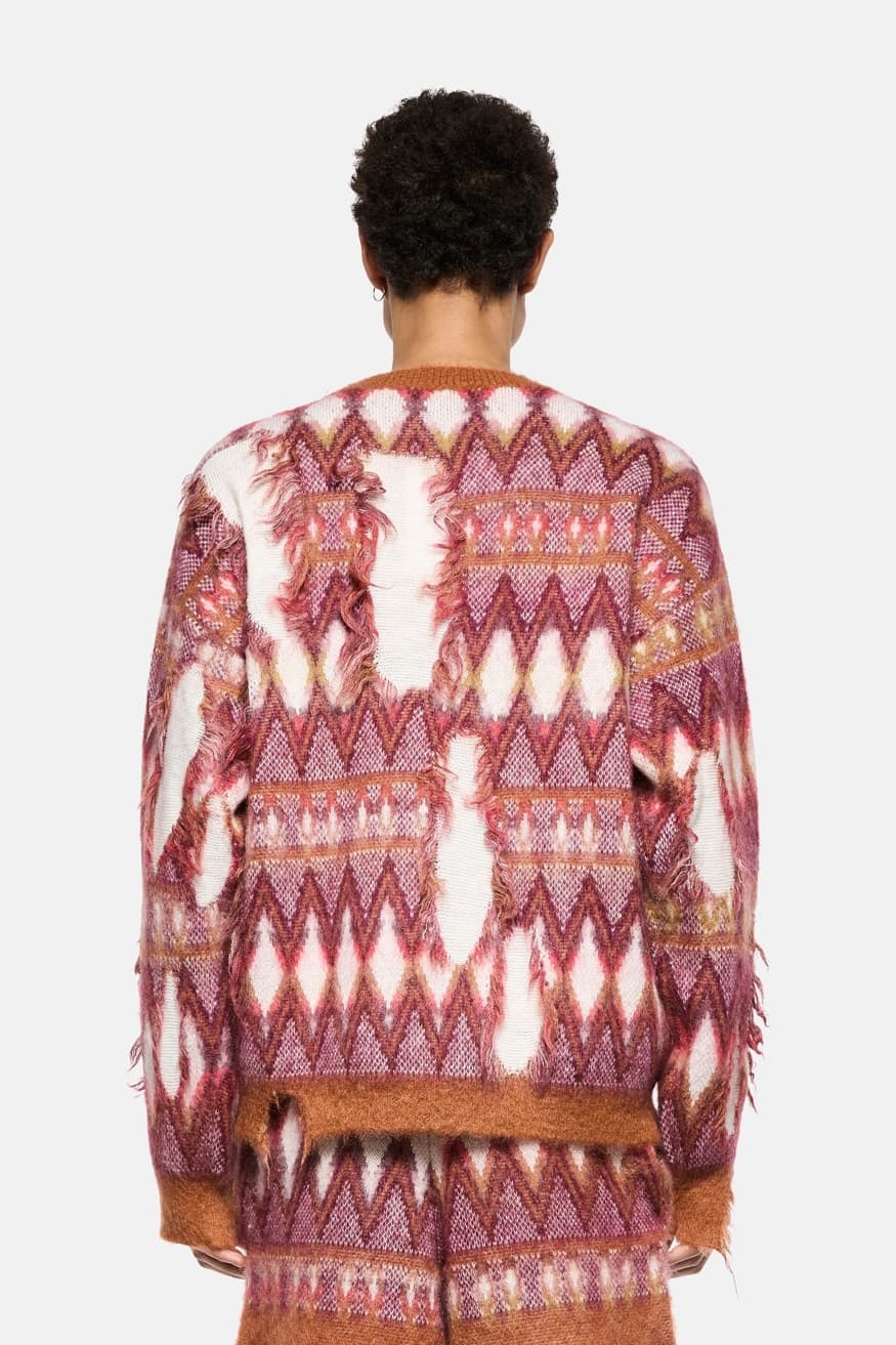 Men's Punk Red Argyle Sweater Destroyed Knit Crew Neck Mohair — view 3