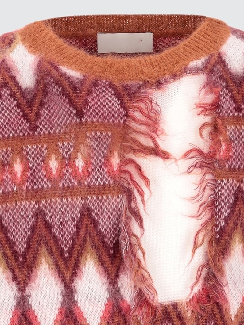Men's Punk Red Argyle Sweater Destroyed Knit Crew Neck Mohair — view 4