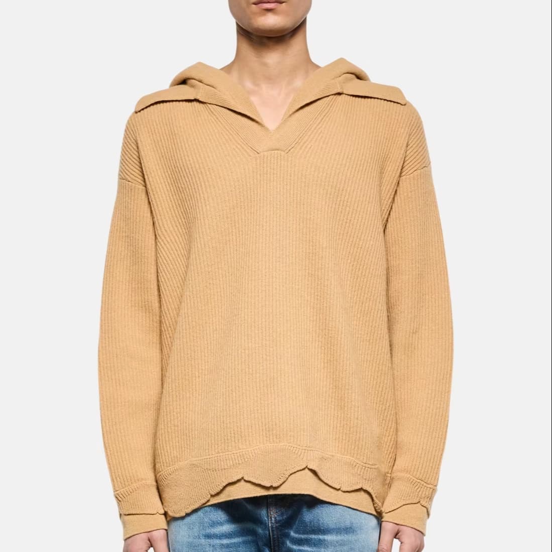 Men's Relaxed Beige V Neck Hooded Sweater Wide Rib Cotton