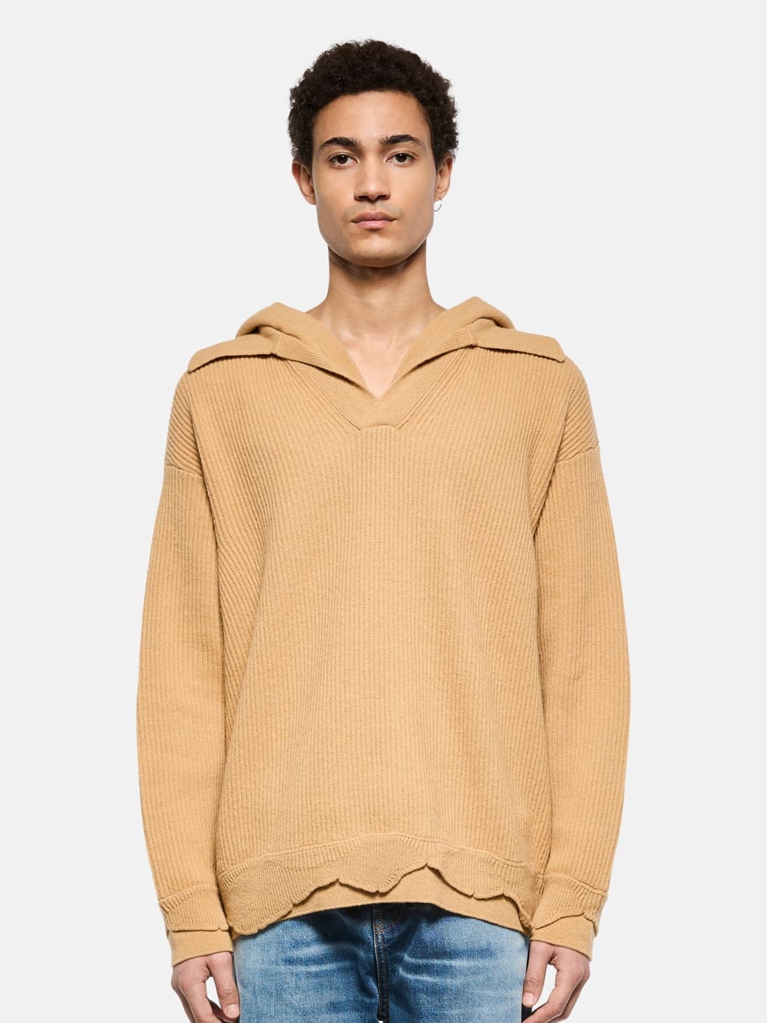 Men's Relaxed Beige V Neck Hooded Sweater Wide Rib Cotton — view 2