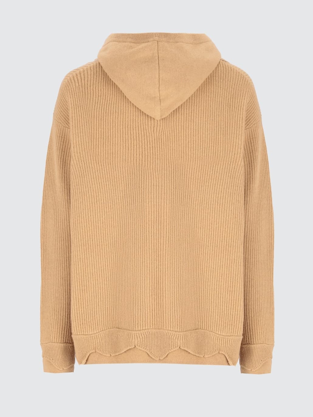 Men's Relaxed Beige V Neck Hooded Sweater Wide Rib Cotton — view 3