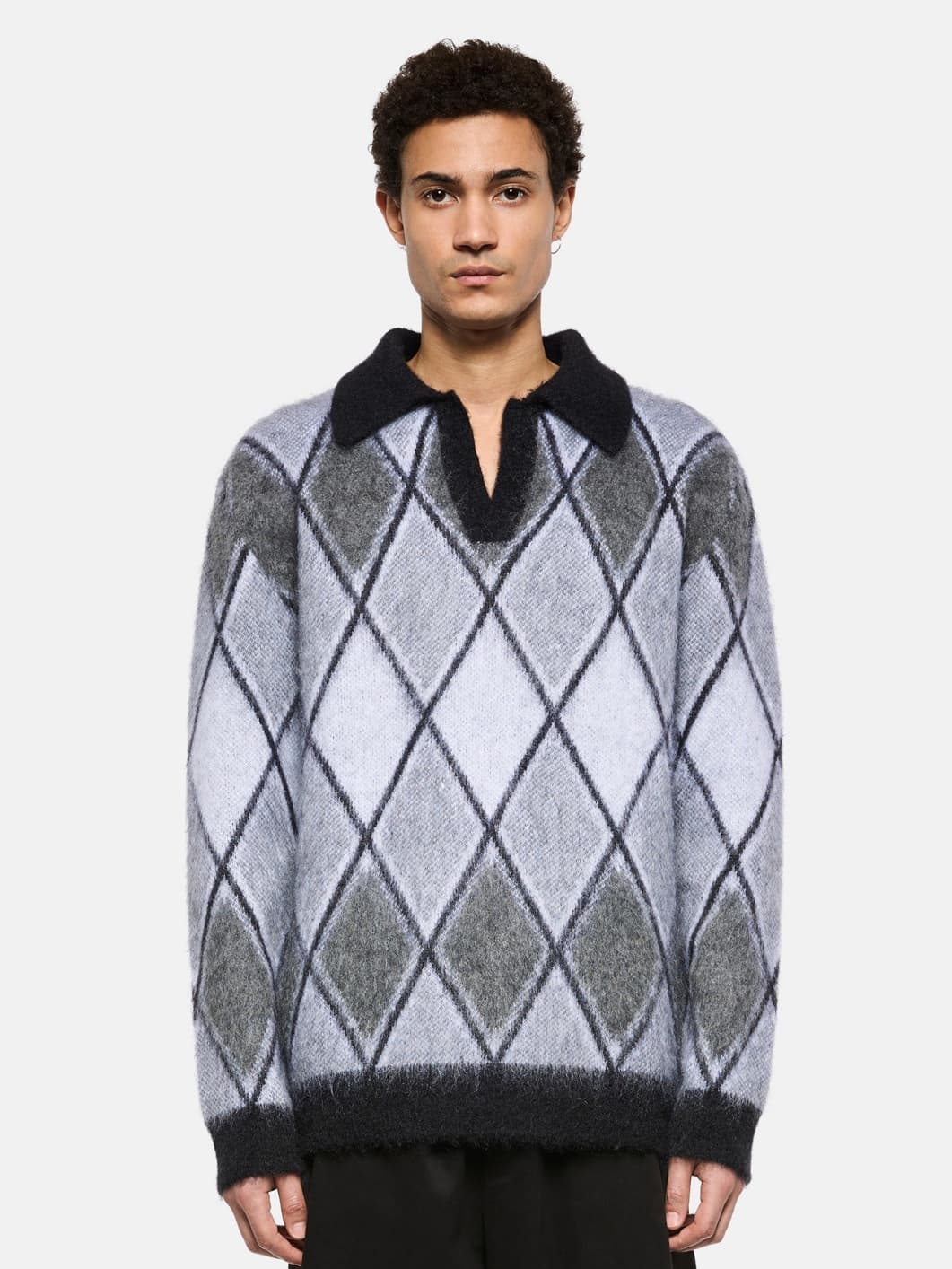 Men's Retro Brushed Mohair Argyle Polo Sweater Pattern Streetwear Knit
