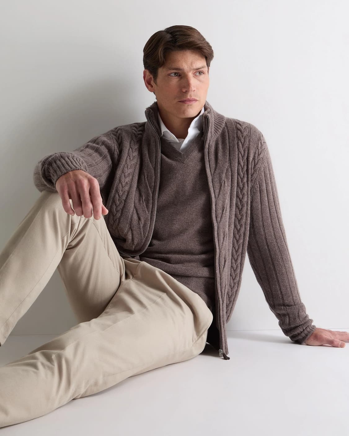 Men's Robust Brown Cable Knit Full Zip Cardigan O Neck Wool Jacket