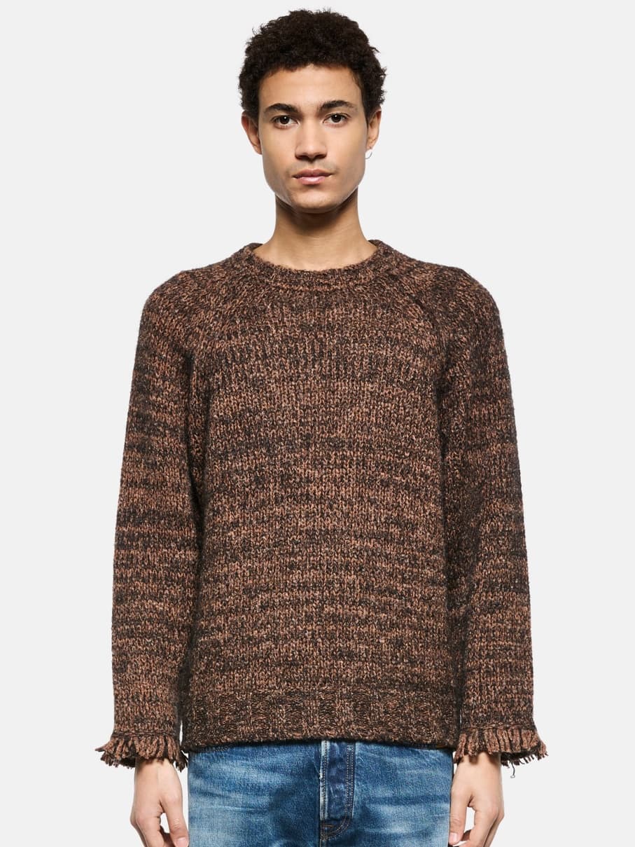 Men's Rustic Brown Fringe Crew Neck Sweater Melange Tassel Western
