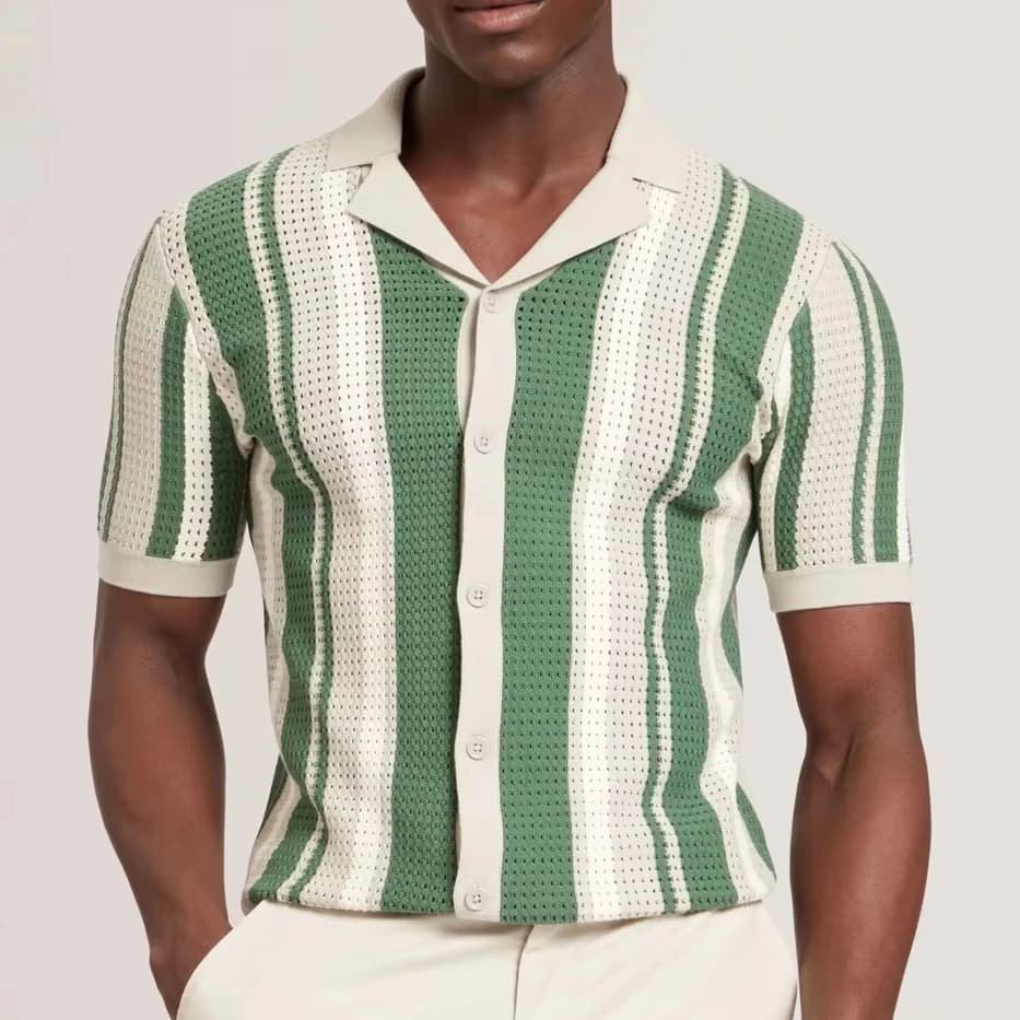 Men's Short Sleeve Viscose Knit Vertical Stripe Bowling Top