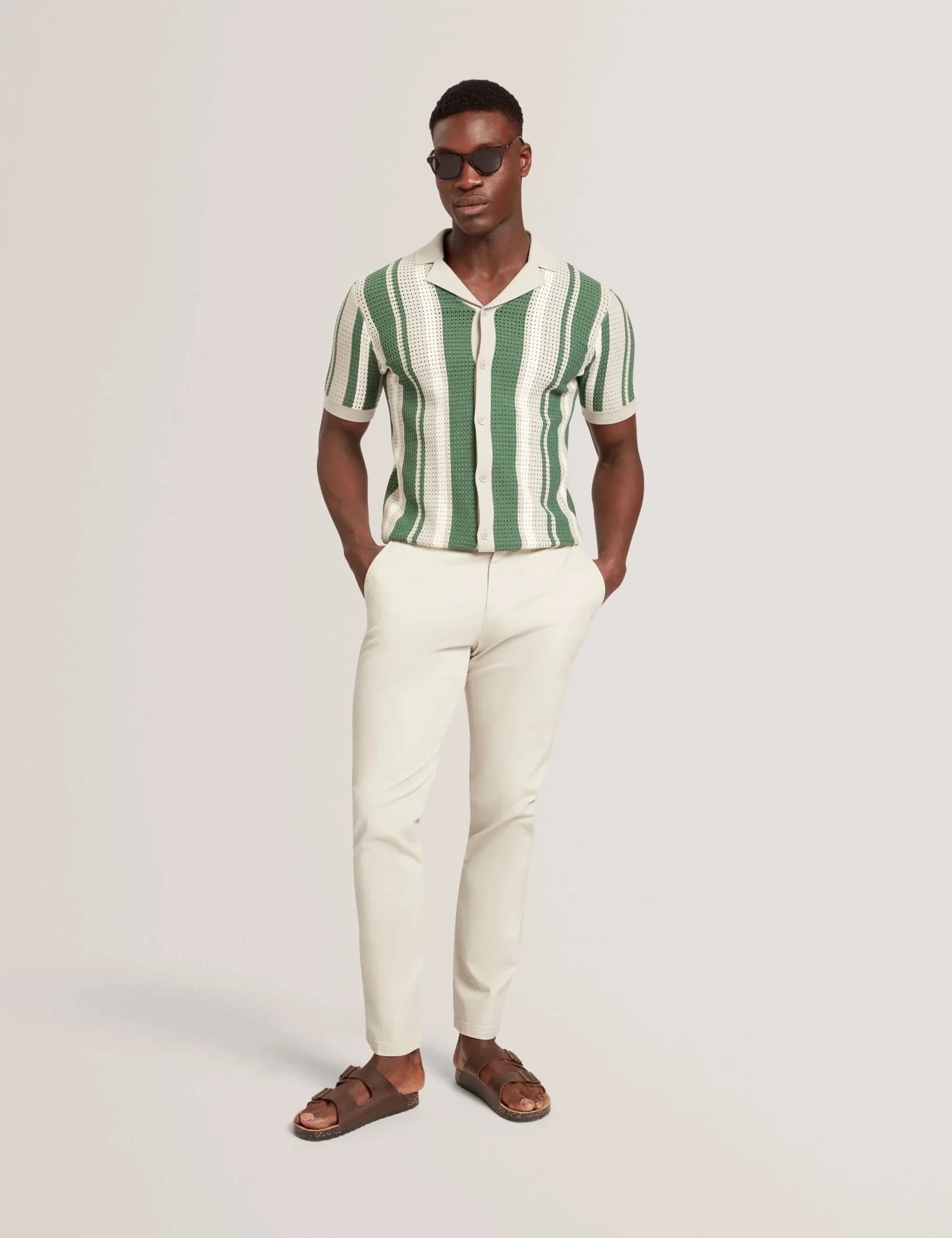 Men's Short Sleeve Viscose Knit Vertical Stripe Bowling Top — view 3