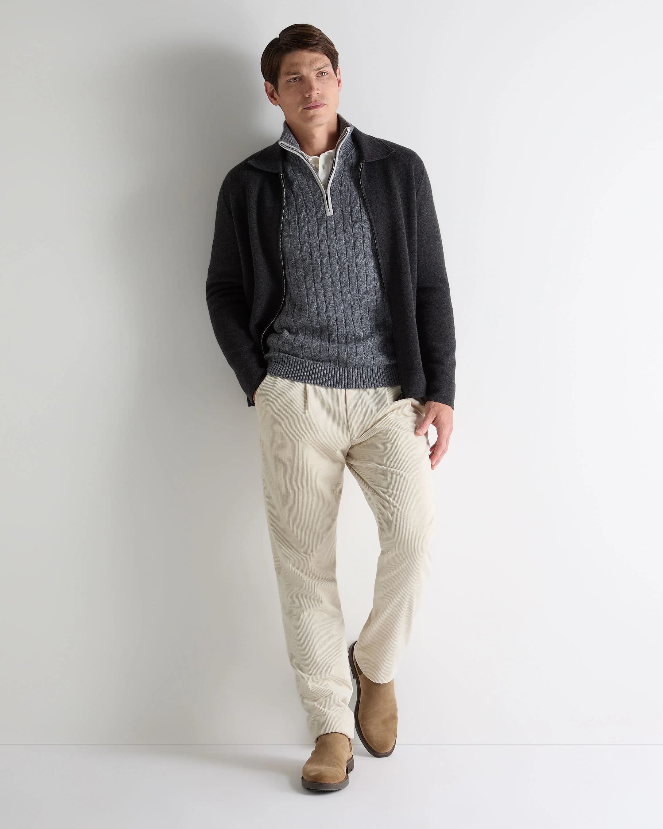 Men's Smart Grey Cable Knit Half Zip Sweater Merino Wool Neck