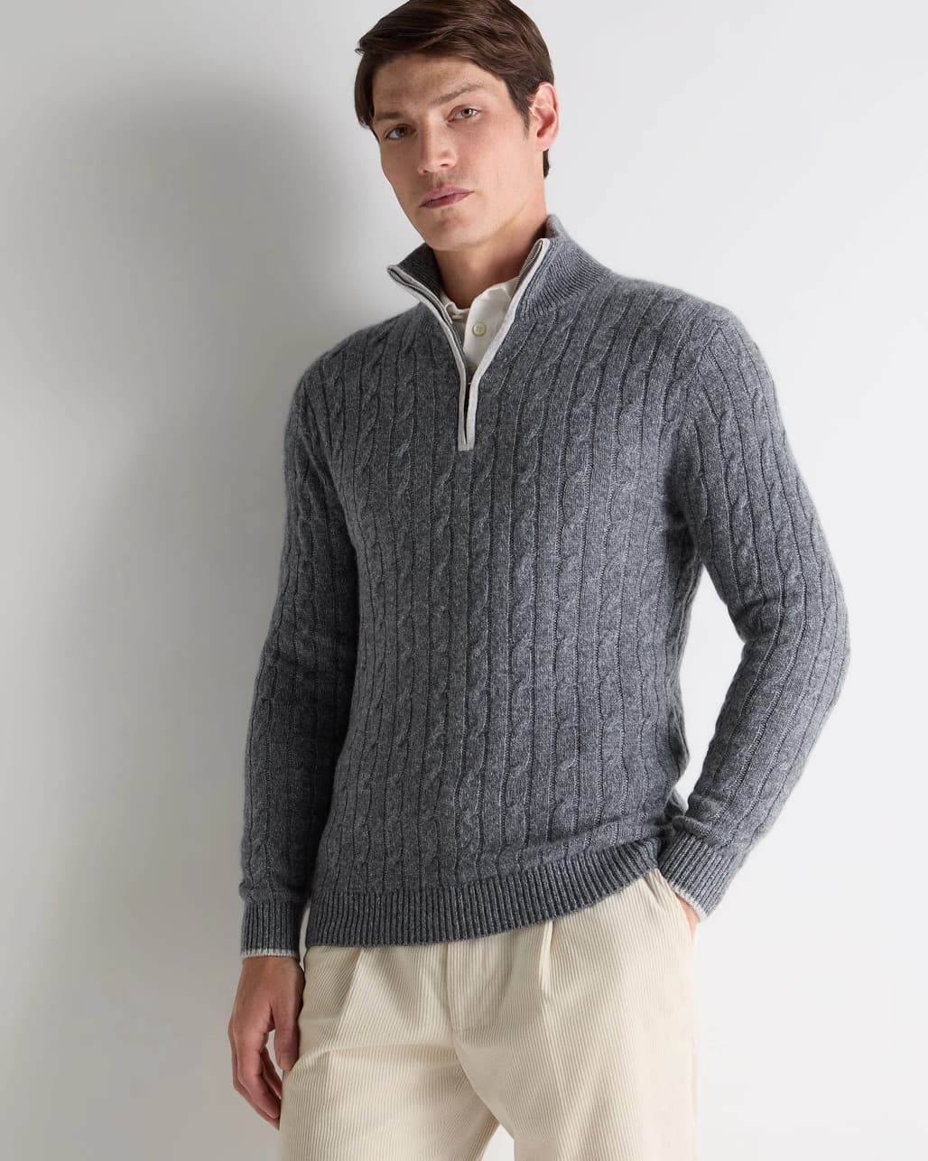Men's Smart Grey Cable Knit Half Zip Sweater Merino Wool Neck — view 2