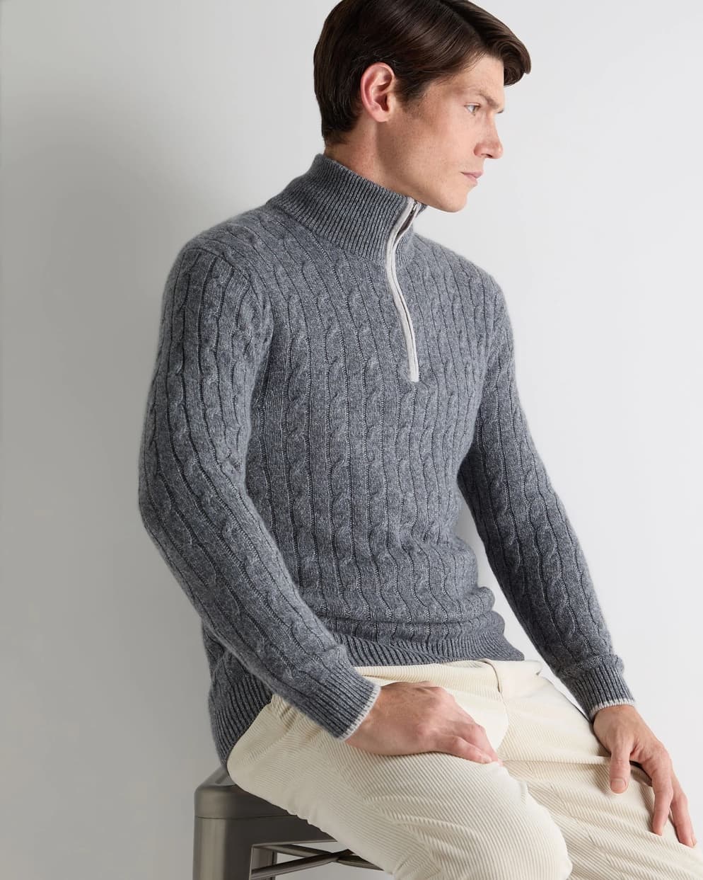 Men's Smart Grey Cable Knit Half Zip Sweater Merino Wool Neck — view 3