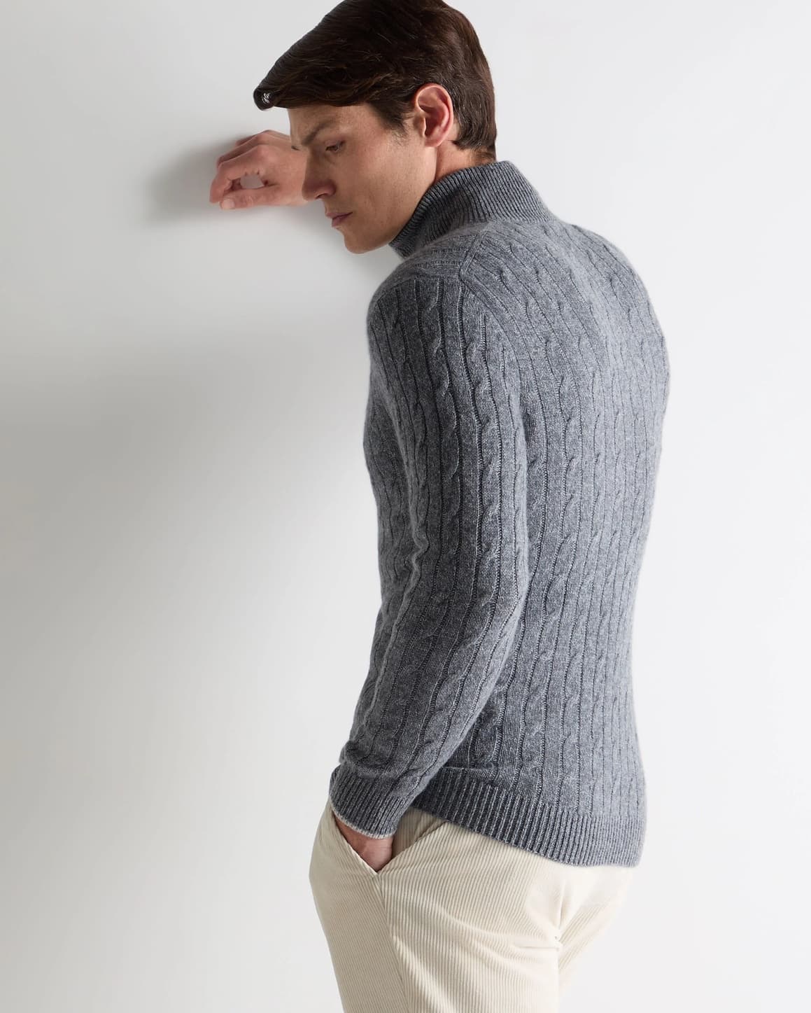 Men's Smart Grey Cable Knit Half Zip Sweater Merino Wool Neck — view 4