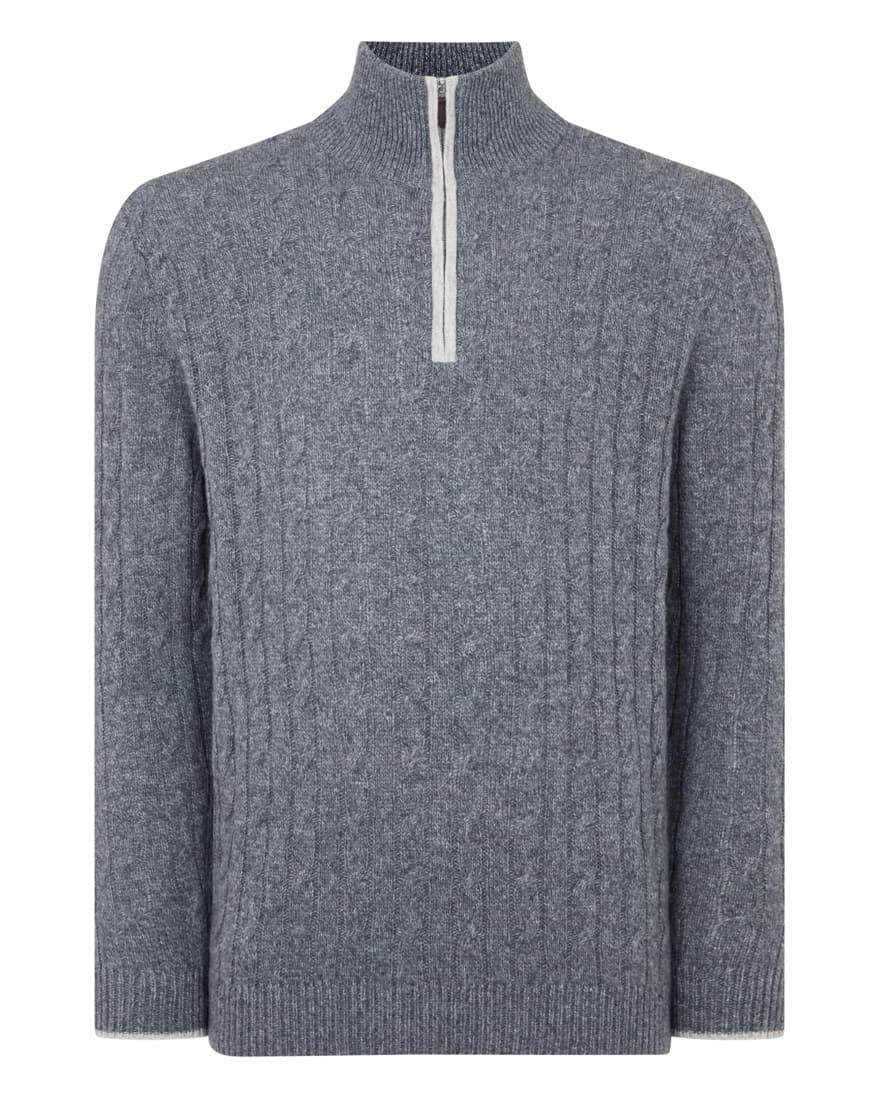 Men's Smart Grey Cable Knit Half Zip Sweater Merino Wool Neck — view 5