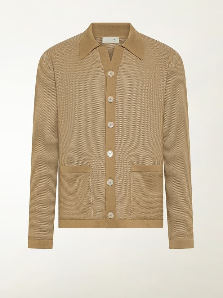 Men's Tan Honeycomb Knit Shirt Collar Cardigan - view 2