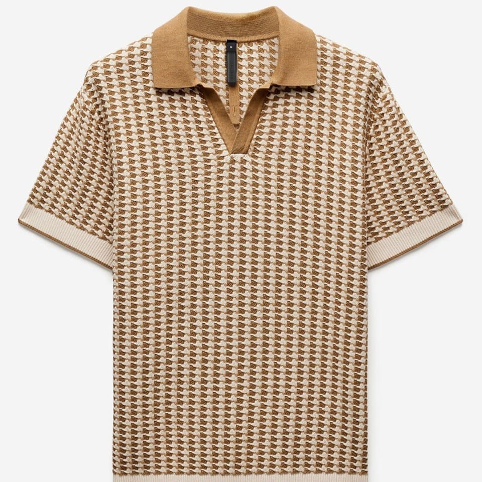 Men's Tan Houndstooth Short Sleeve Knit Polo - view 2