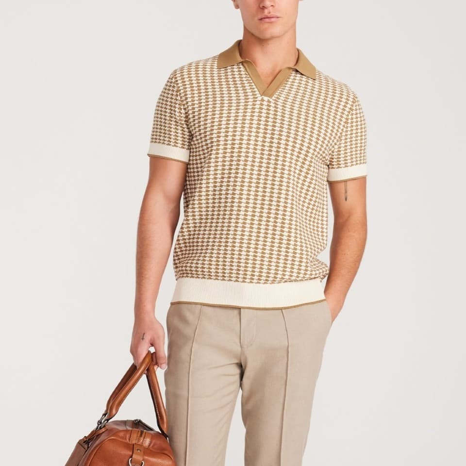 Men's Tan Houndstooth Short Sleeve Knit Polo - view 3