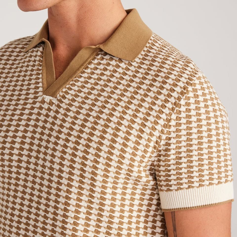 Men's Tan Houndstooth Short Sleeve Knit Polo - view 4