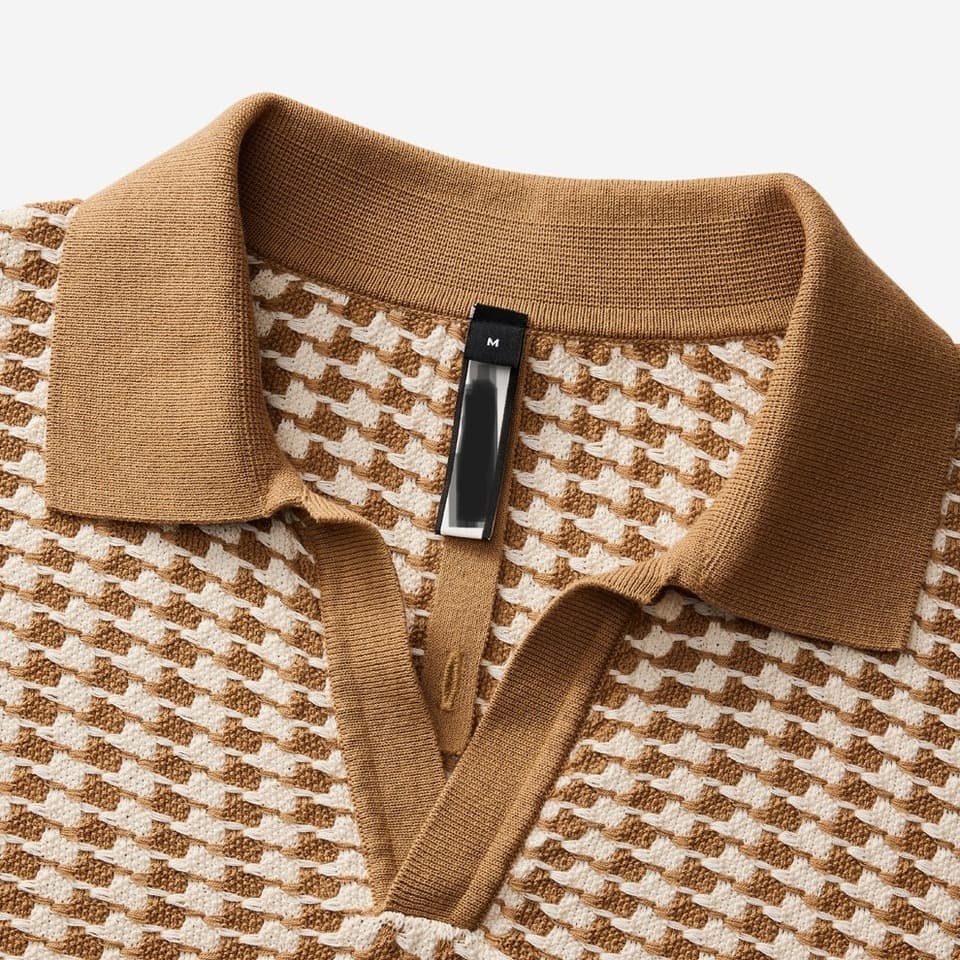 Men's Tan Houndstooth Short Sleeve Knit Polo - view 5