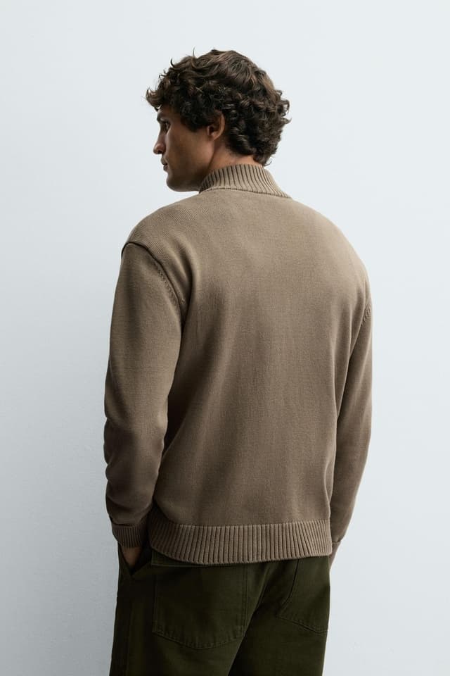 Men's Taupe Ribbed Full Zip Funnel Neck Knit Cardigan - view 2