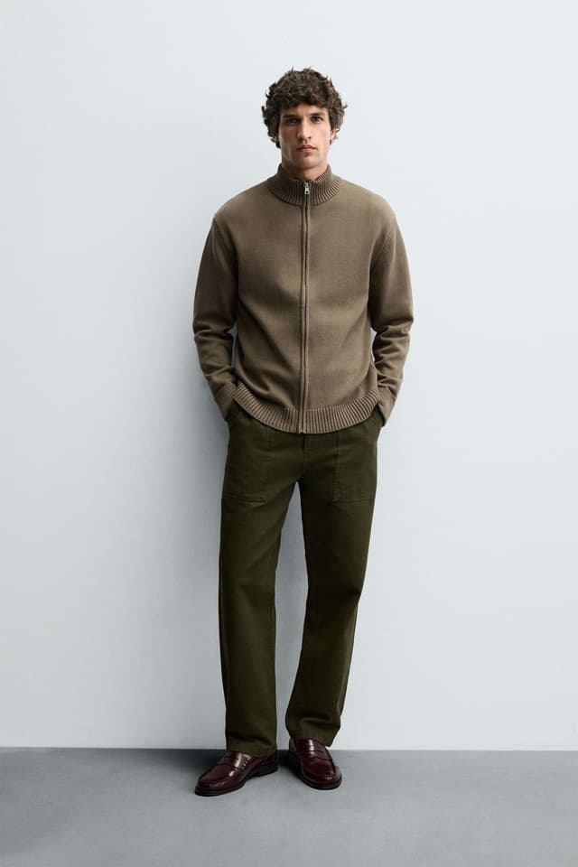 Men's Taupe Ribbed Full Zip Funnel Neck Knit Cardigan - view 3