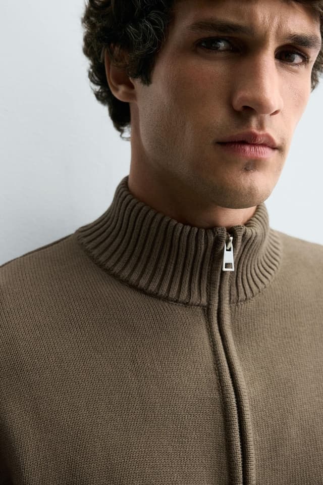Men's Taupe Ribbed Full Zip Funnel Neck Knit Cardigan - view 5