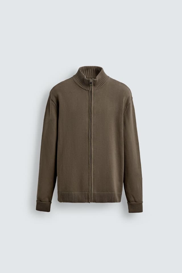 Men's Taupe Ribbed Full Zip Funnel Neck Knit Cardigan - view 6