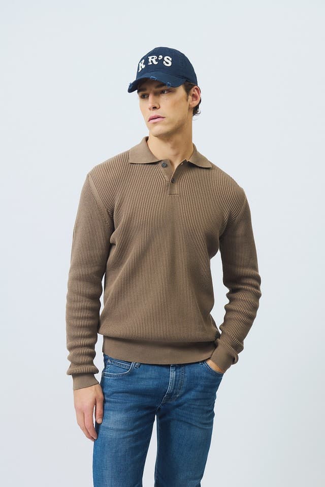 Men's Taupe Ribbed Long Sleeve Knit Polo - view 2