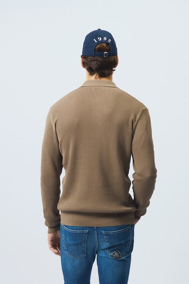 Men's Taupe Ribbed Long Sleeve Knit Polo - view 3