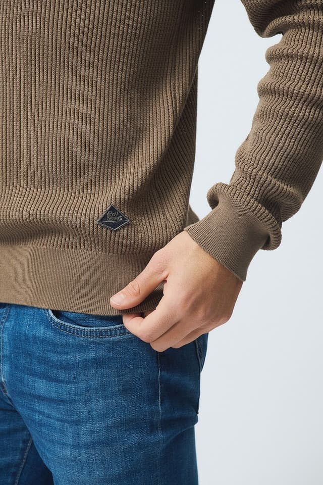 Men's Taupe Ribbed Long Sleeve Knit Polo - view 5