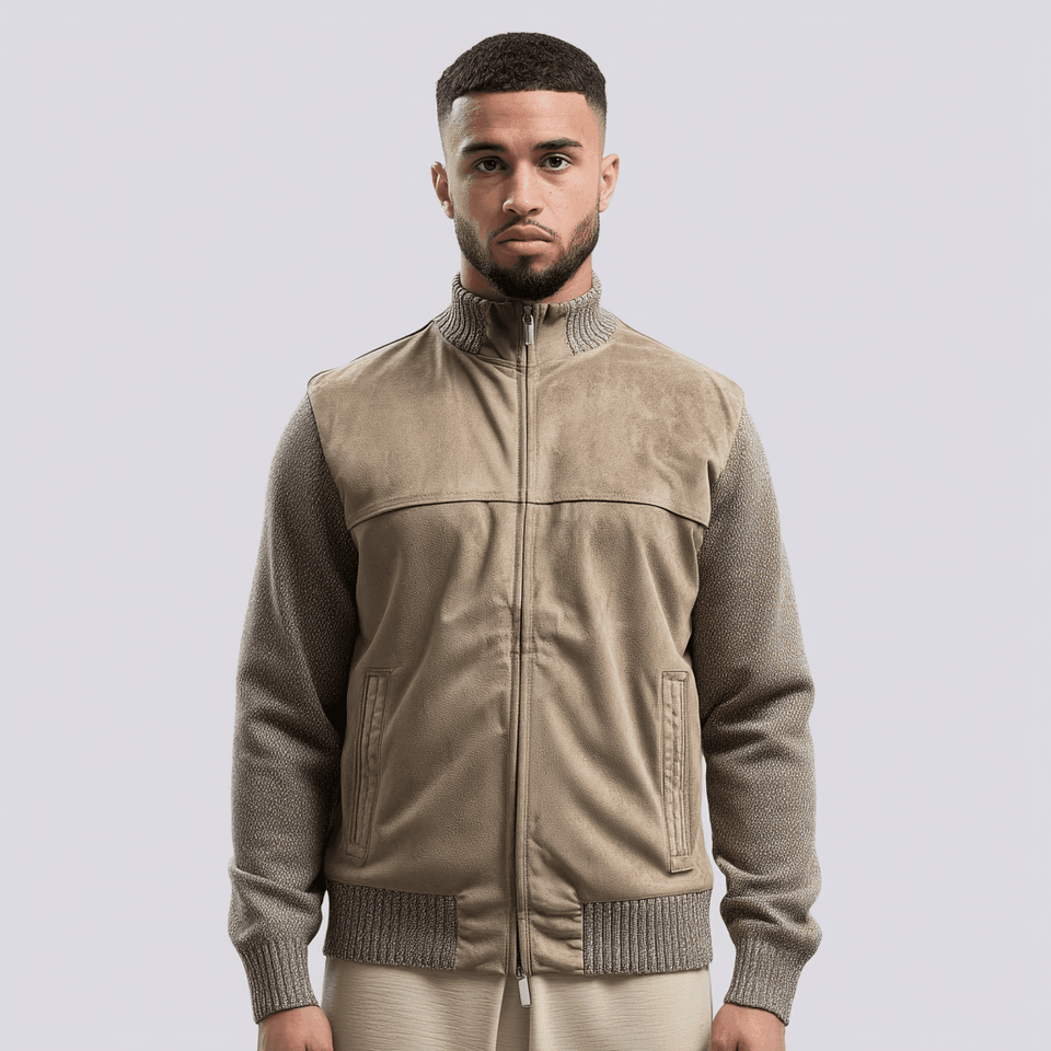 Men's Taupe Suede Front Bomber Jacket Funnel Collar