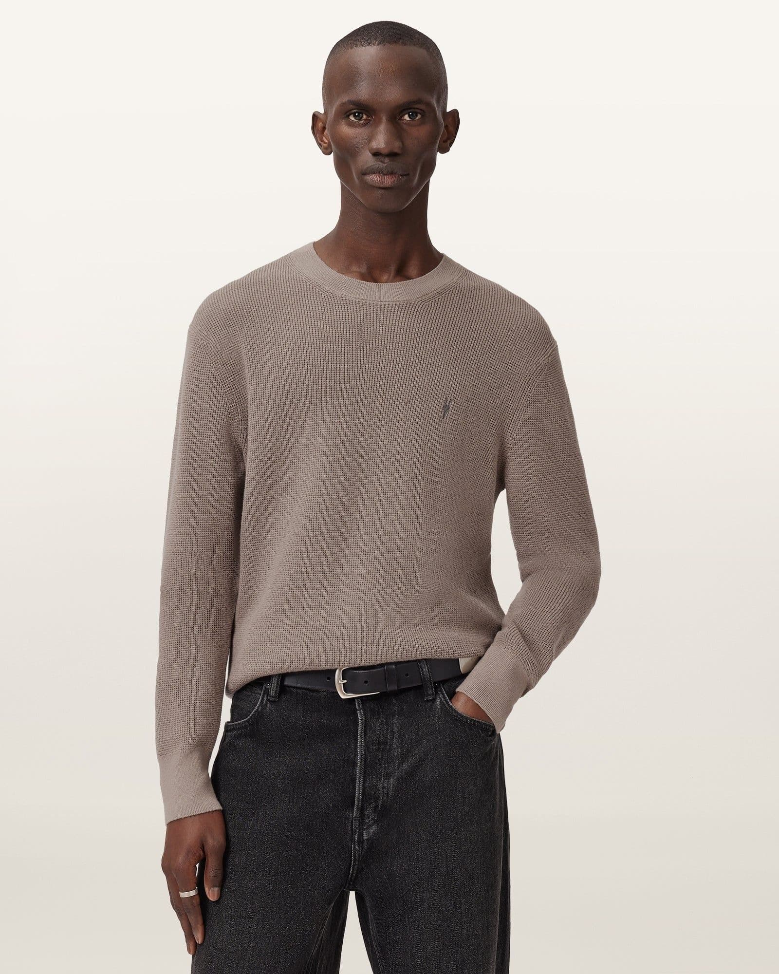 Men's Taupe Waffle Knit Crew Neck Sweater