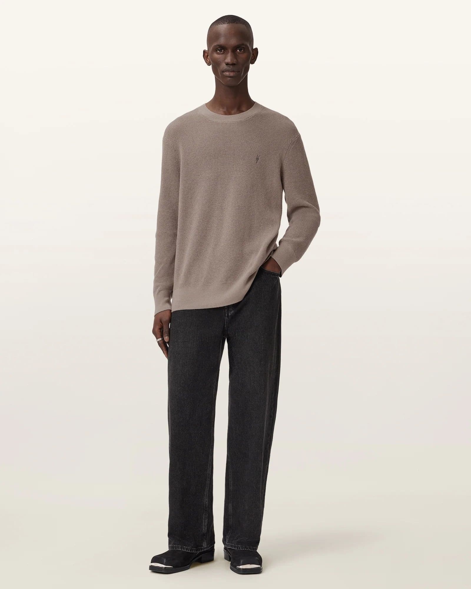 Men's Taupe Waffle Knit Crew Neck Sweater — view 2