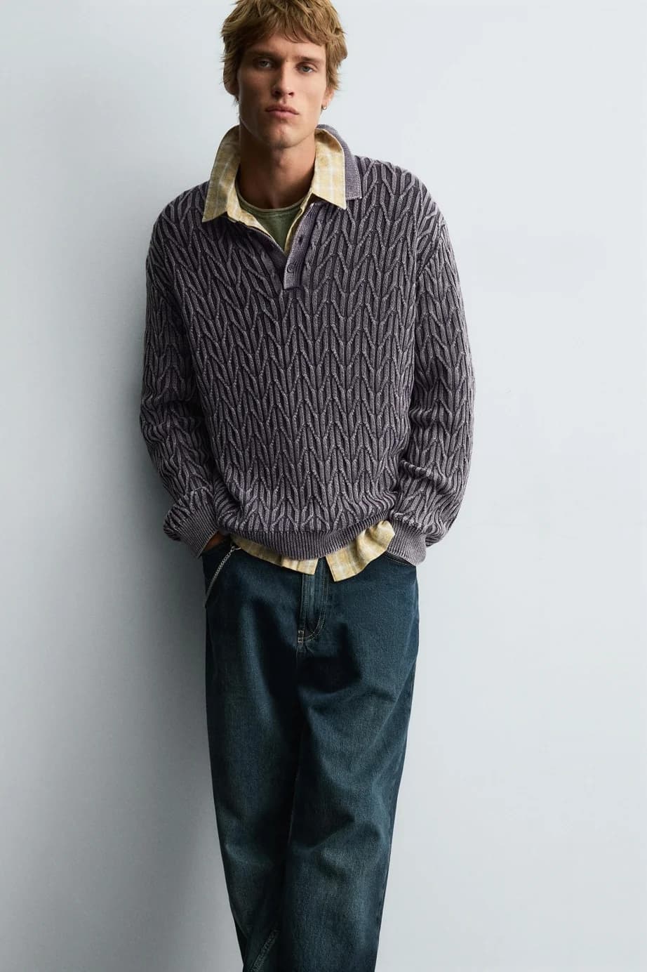 Men's Textured Geometric Jacquard Polo Sweater — view 3