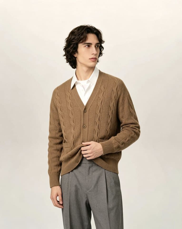 Men's Tobacco Brown Cable Knit Button Cardigan - view 2