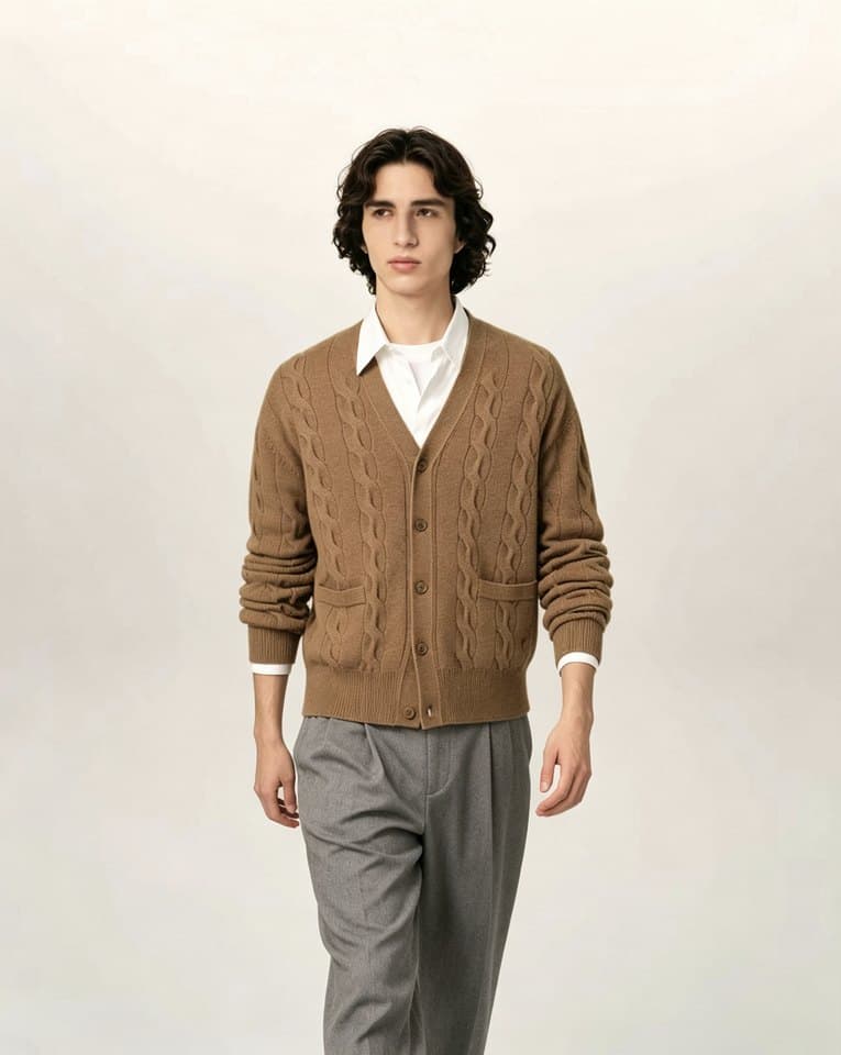 Men's Tobacco Brown Cable Knit Button Cardigan - view 3