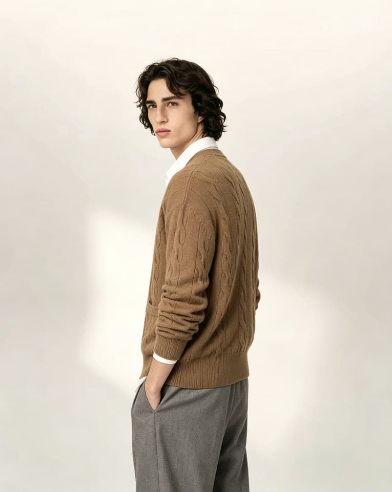 Men's Tobacco Brown Cable Knit Button Cardigan - view 4
