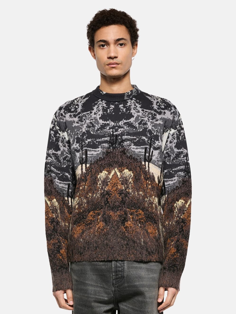 Men's Western Sunset Desert Landscape Jacquard Sweater Scenic Crew Neck