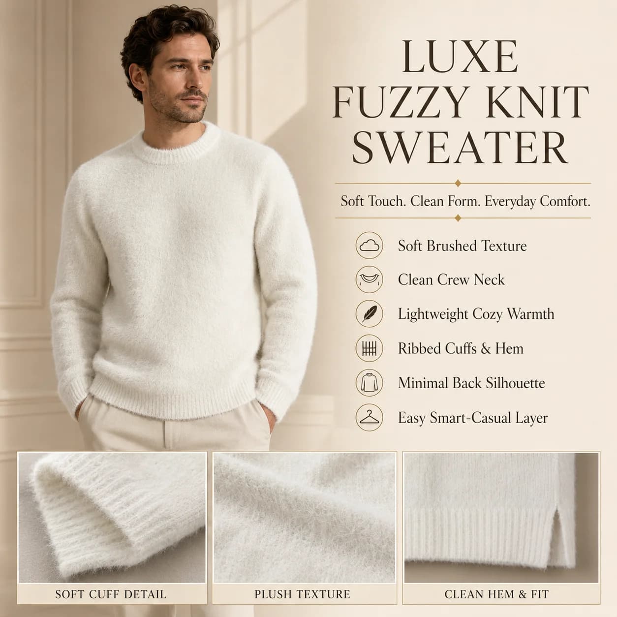 Men's White Mohair Crew Neck Sweater — view 2