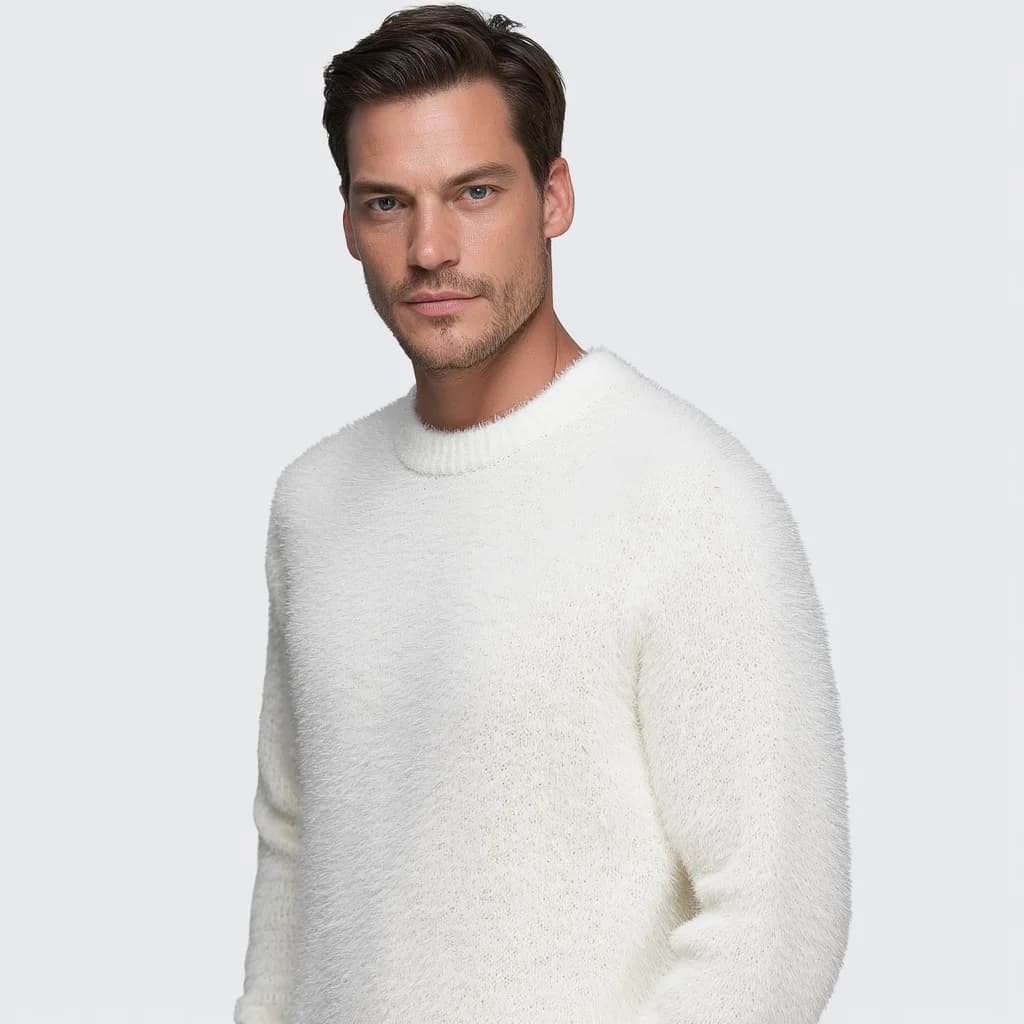 Men's White Mohair Crew Neck Sweater — view 4